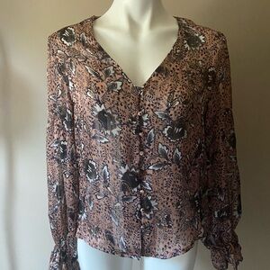 Lulus Women’s Brown Gold Floral Print Sheer Long Sleeve Blouse Size Small